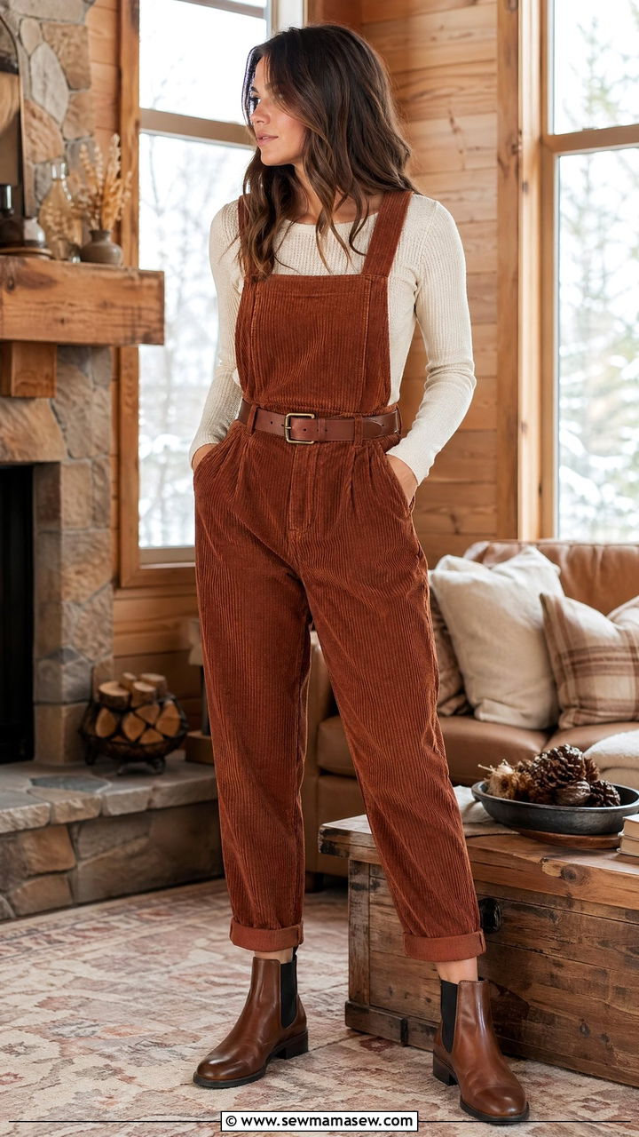 Corduroy Jumpsuit With a Thermal Top - 35 Cozy cabin weekend outfit ideas