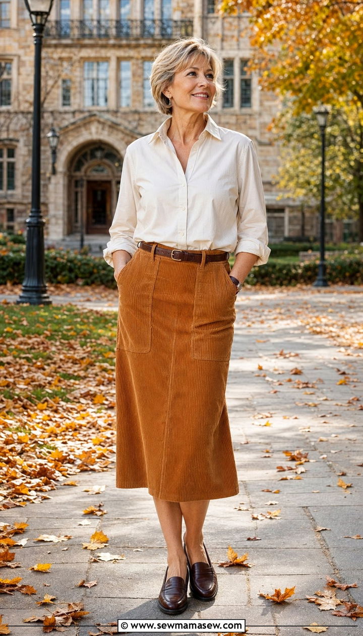 Corduroy Midi Skirt With Oxford Shirt - 30 Best skirts for women over 50