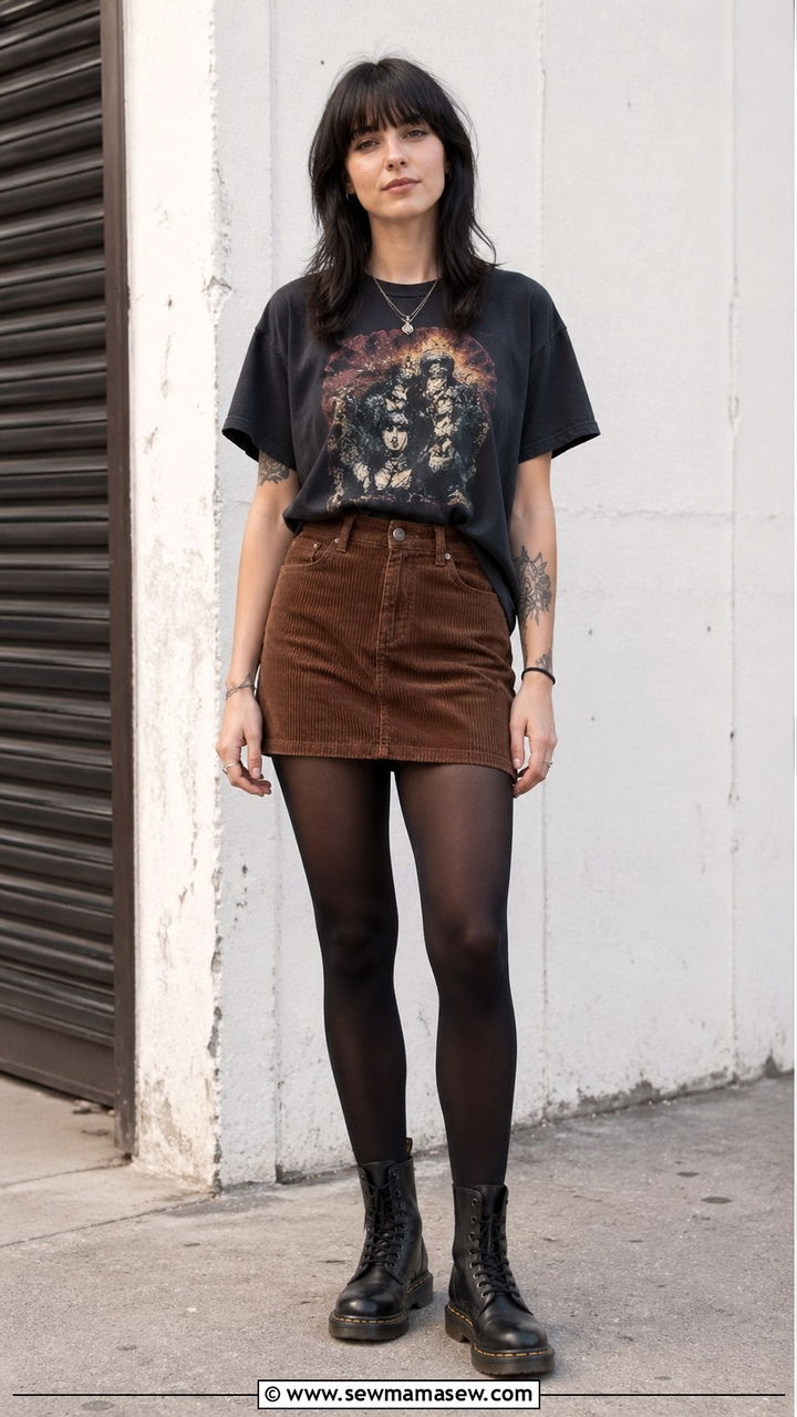 Corduroy Mini Skirt And Faded Band Tee With Doc Martens - 30 spring grunge outfit ideas