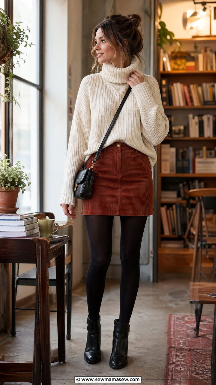 Corduroy Mini Skirt With Chunky Turtleneck and Ankle Boots - 35 Spring transition outfits