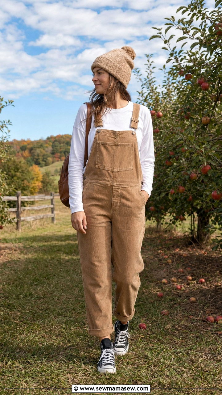 Corduroy Overalls With A Long Sleeve Tee And Canvas Sneakers - 35 Mom style outfit ideas