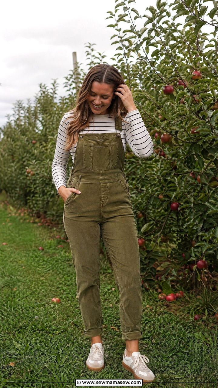 Corduroy Overalls With A Striped Long Sleeve Tee And Cork Sneakers - 35 Cork outfit ideas