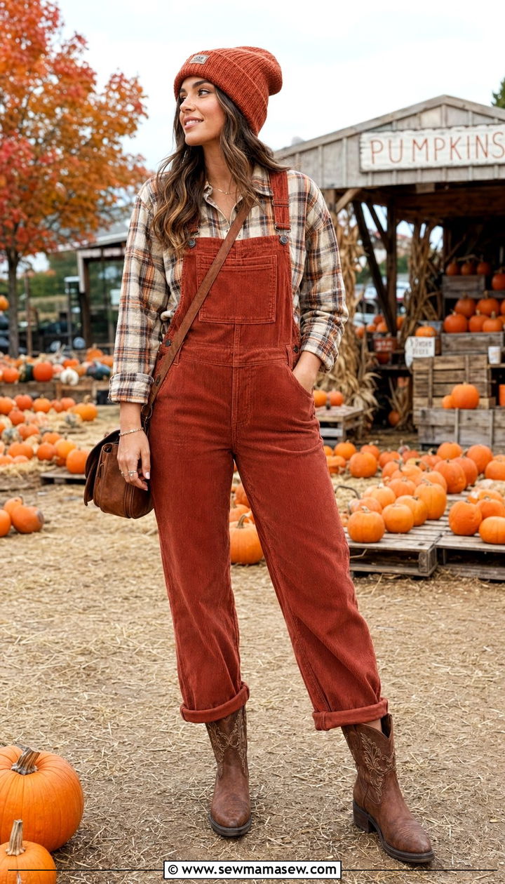 Corduroy Overalls With Plaid Shirt - 30 western capsule wardrobe outfits
