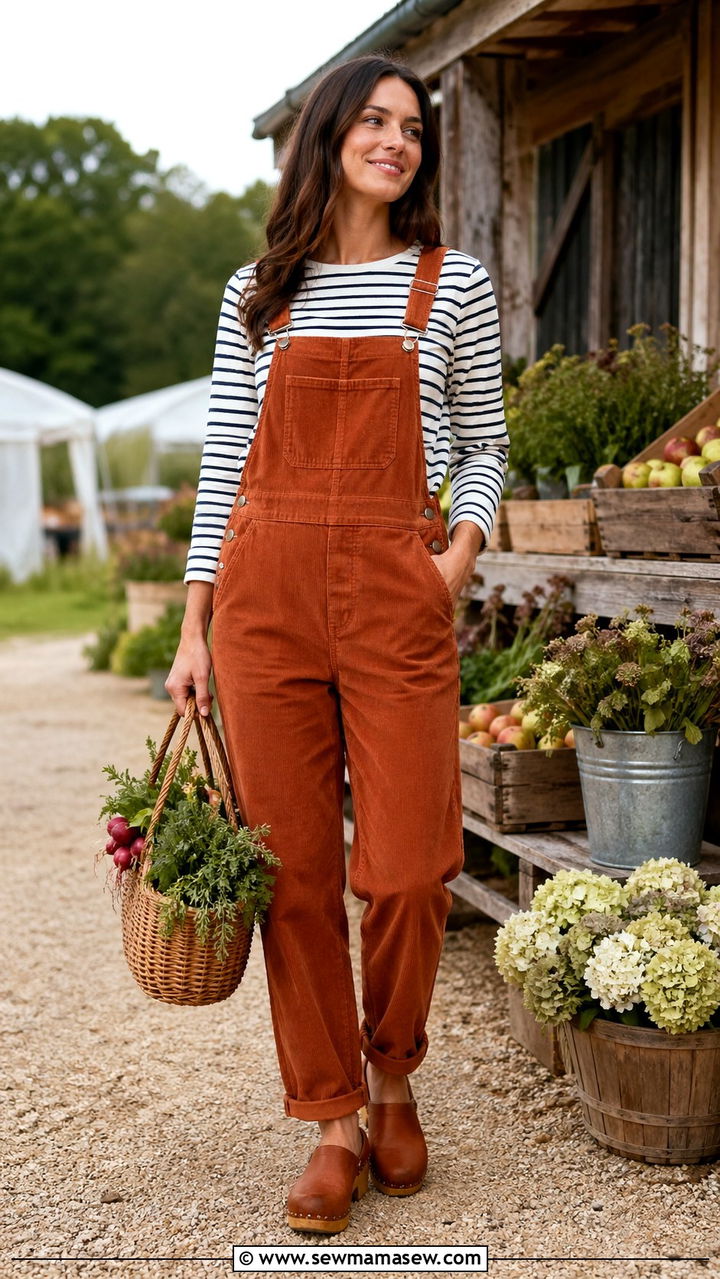 Corduroy Overalls With Striped Top And Clogs - 30 spring cottagecore outfits