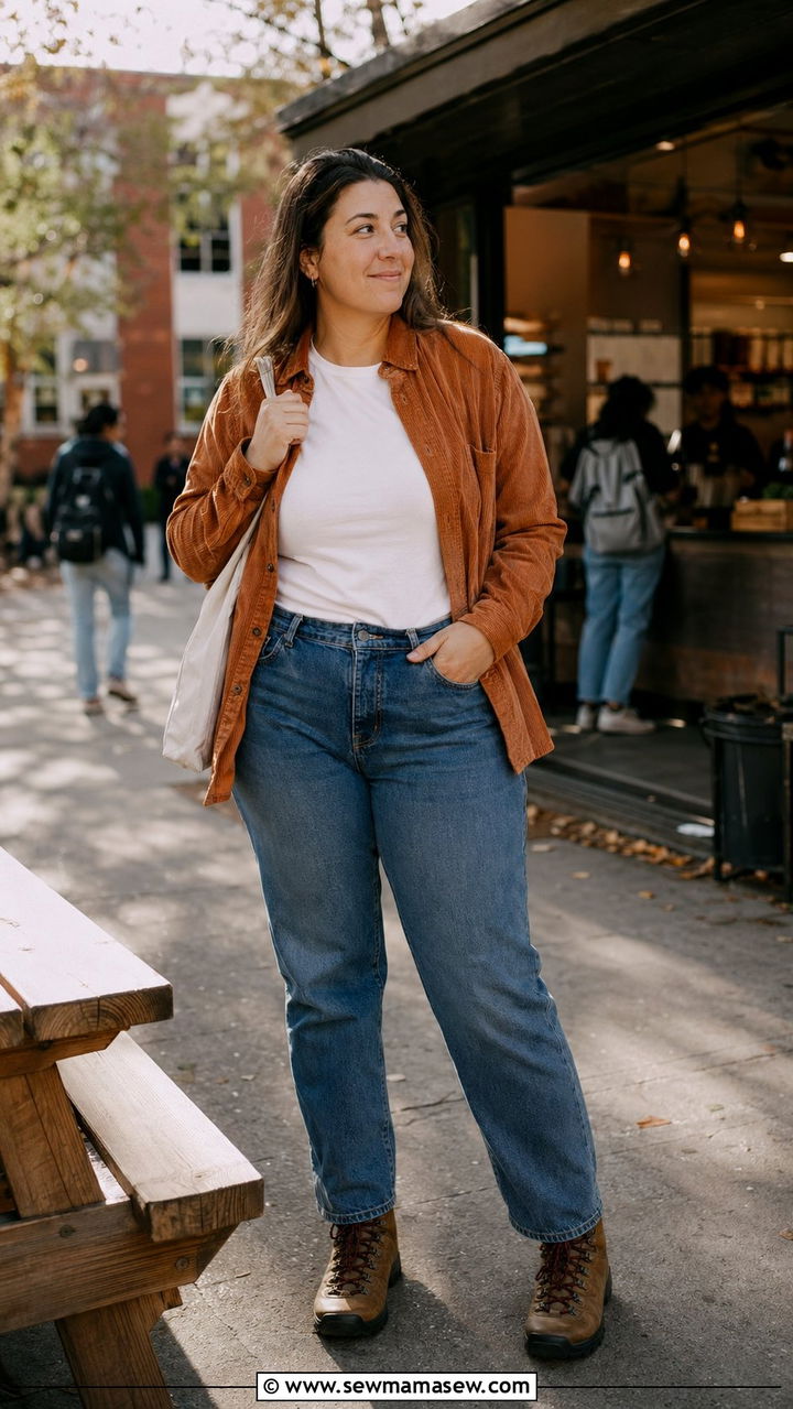 Corduroy Overshirt With White Tee And Straight Leg Jeans - 30 Back to school outfit ideas plus size college