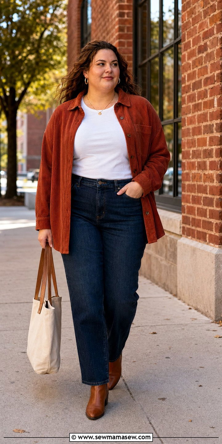 Corduroy Overshirt and Straight Leg Jeans - 30 Work outfits for plus size