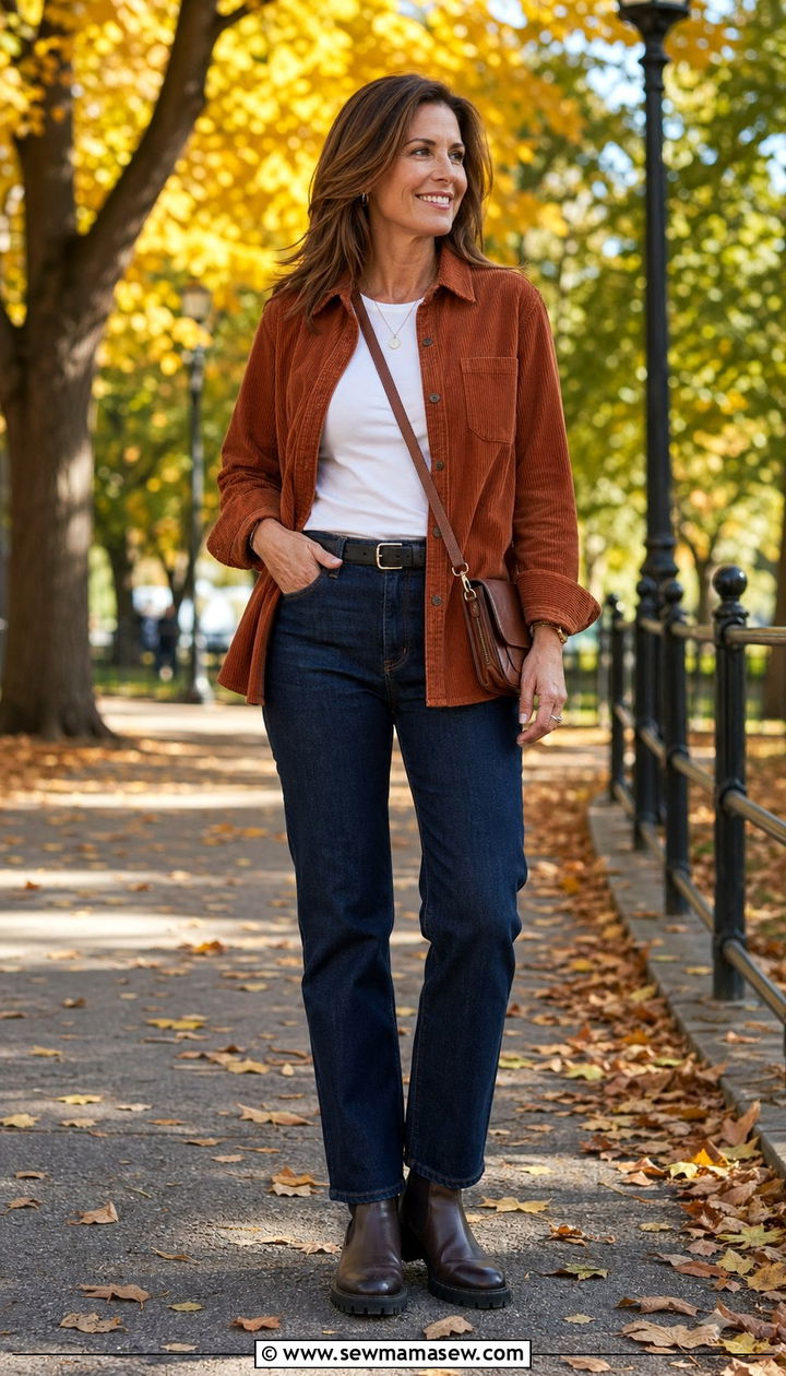 Corduroy Overshirt with Dark Wash Jeans Outfit - 30 y2k outfit ideas for women over 40