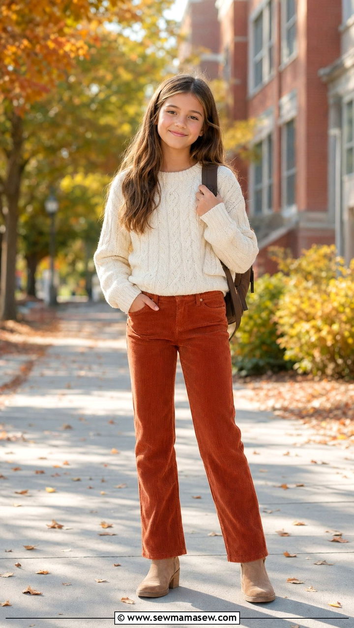 Corduroy Pants With Cable Knit Sweater and Ankle Boots - 30 Back to school outfit ideas middle school 2026
