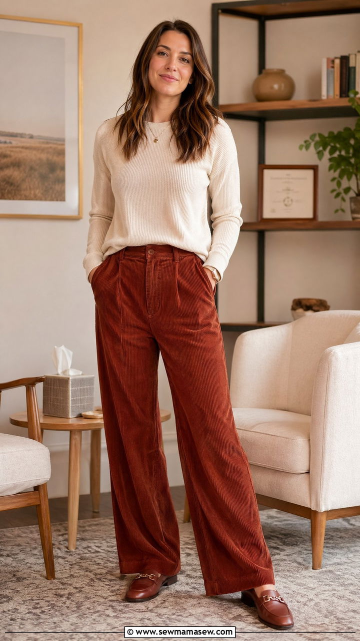 Corduroy Pants With Soft Knit And Leather Loafers - 35 Counselor outfit ideas