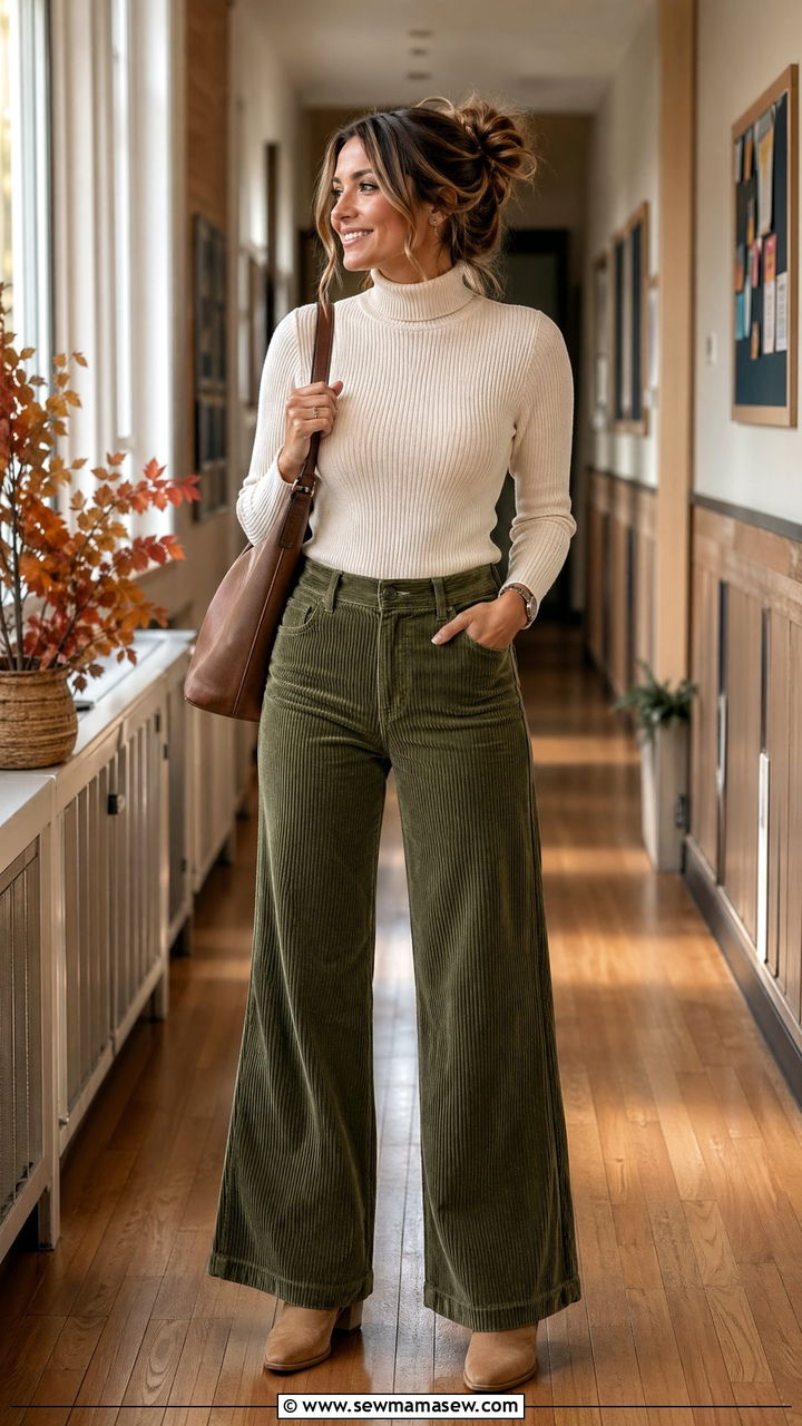 Corduroy Pants With Turtleneck Sweater and Ankle Boots - 35 teacher outfits for women
