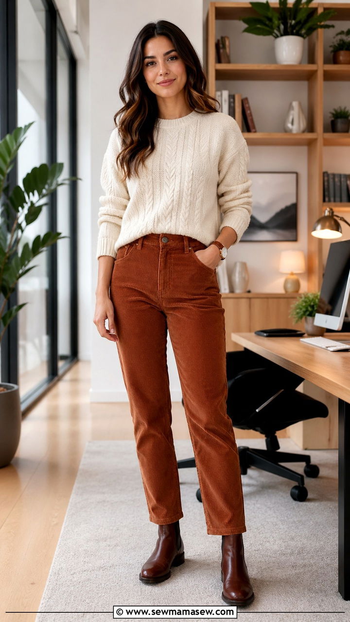 Corduroy Pants and Cable Knit Sweater Outfit for Software Engineers - 30 Software engineer outfit ideas