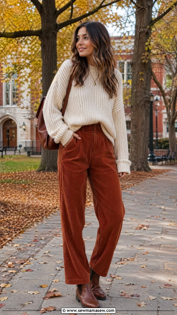 Corduroy Pants and Chunky Sweater with Boots - 35 Cute college outfit ideas