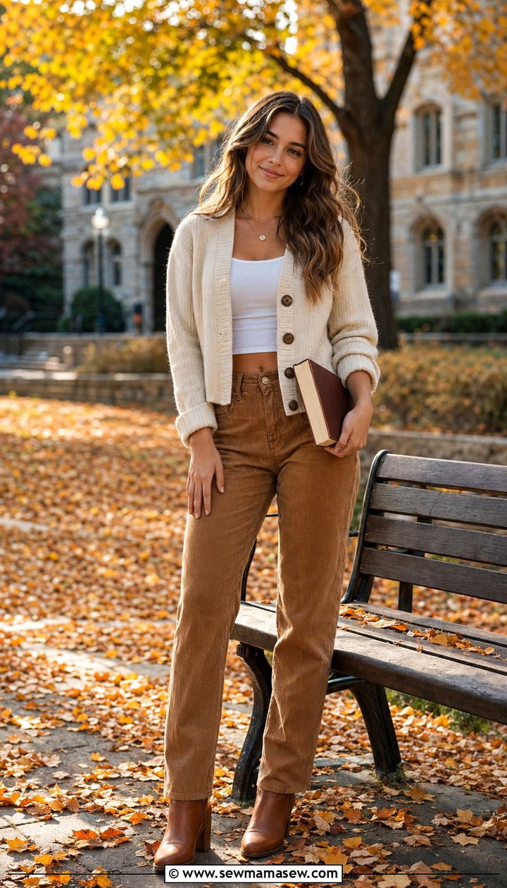 Corduroy Pants and Cropped Cardigan - 30 Back to school outfit ideas college sophomore