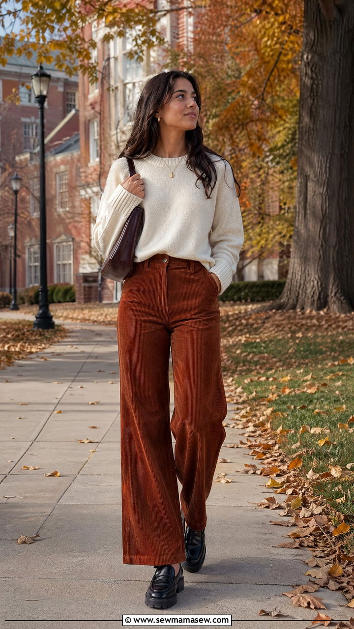 Corduroy Pants with Crewneck Sweater and Lug Sole Loafers - 35 college outfits ideas