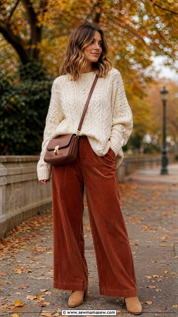 Corduroy Pants with Oversized Chunky Knit Outfit - 35 transitional chic outfit ideas