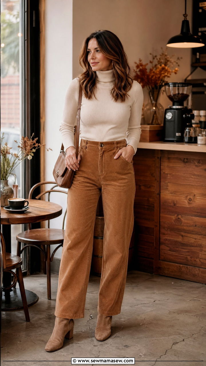 Corduroy Pants with Turtleneck - 35 Chic mom outfit ideas