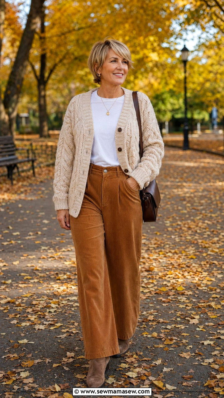 Corduroy Pants with a Chunky Cardigan Outfit for Women Over 40 - 30 Best pants for women over 40