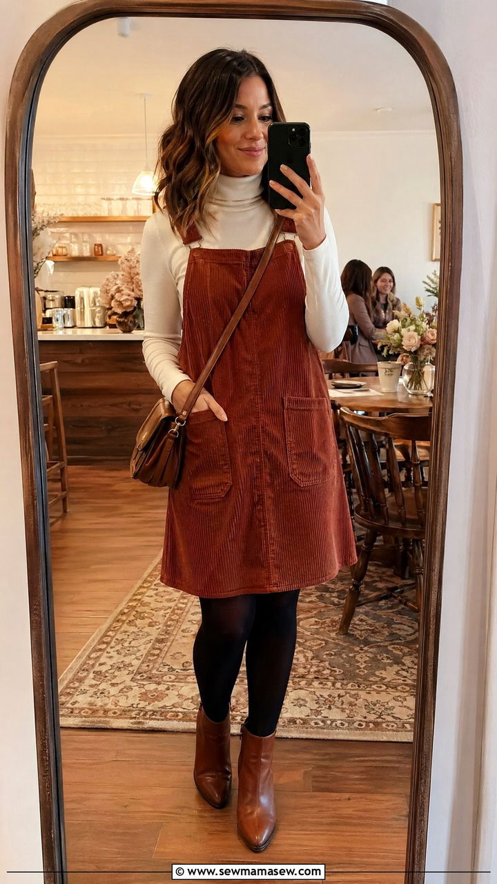 Corduroy Pinafore Dress with Turtleneck - 35 cute baby shower outfits