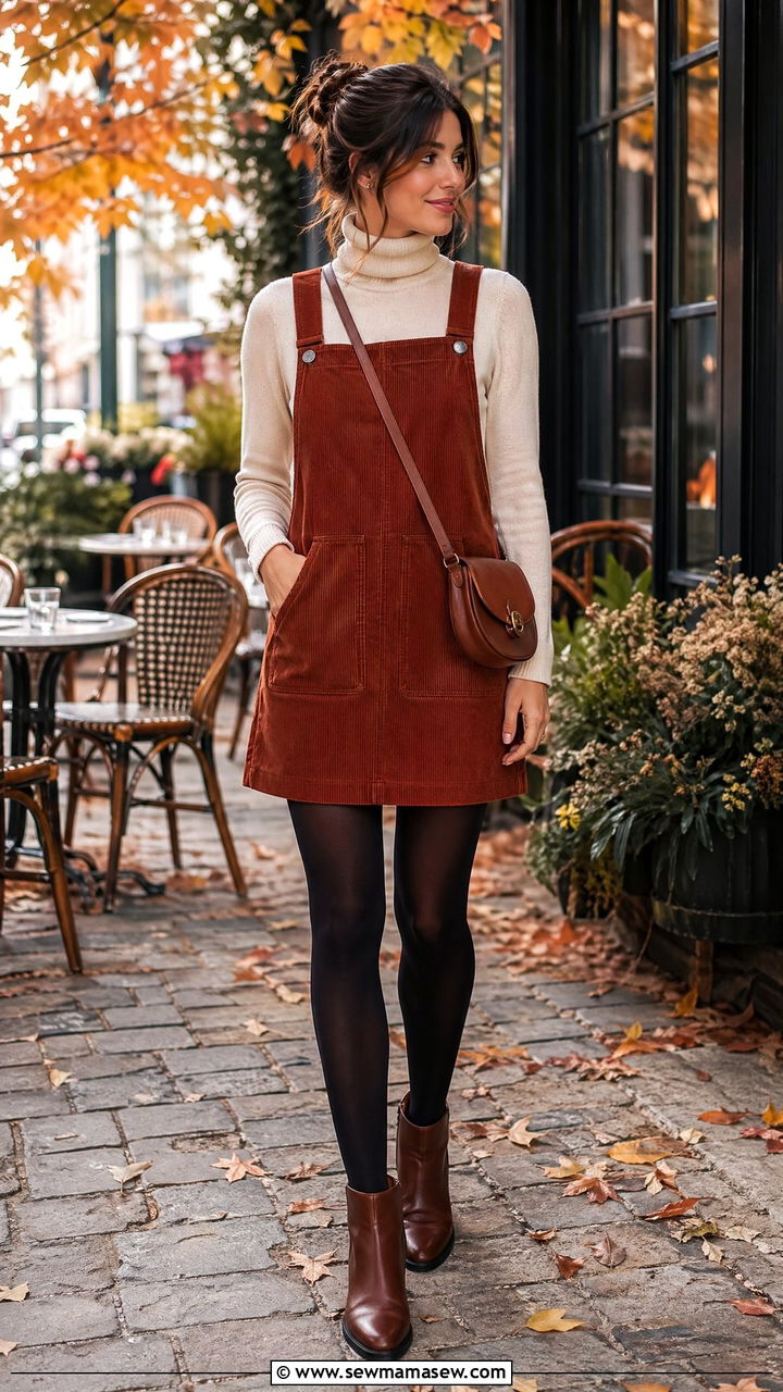 Corduroy Pinafore Dress with a Turtleneck - 35 what to wear to brunch