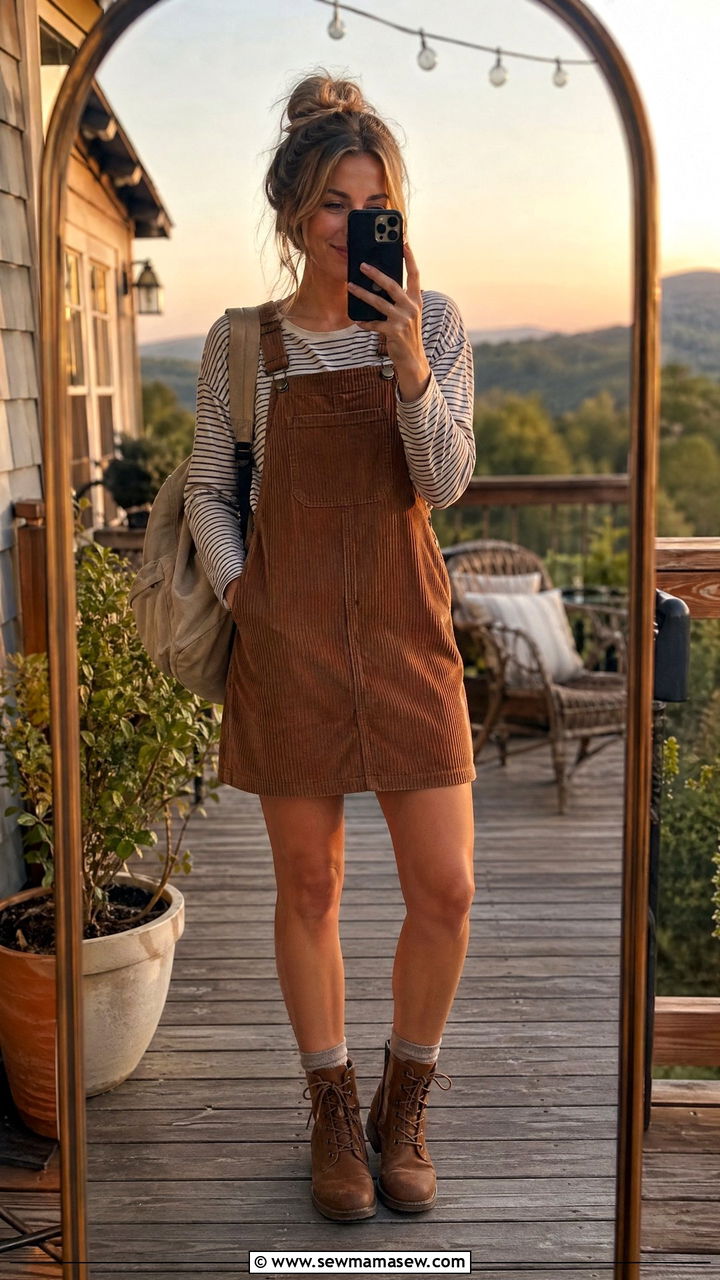 Corduroy Pinafore Over A Striped Tee - 35 summer cottagecore outfit ideas