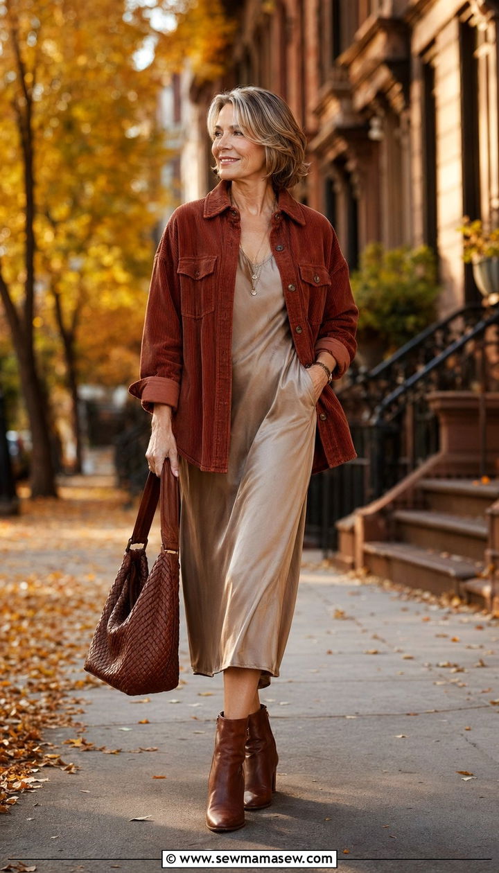 Corduroy Shirt Jacket Over a Midi Slip Dress - 30 Best jackets for women over 50