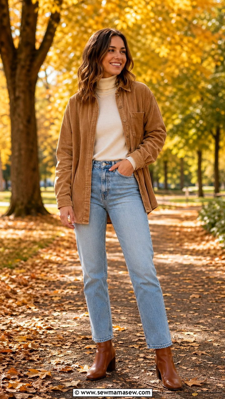 Corduroy Shirt with Turtleneck and Straight Leg Jeans - 30 windy day outfits for women