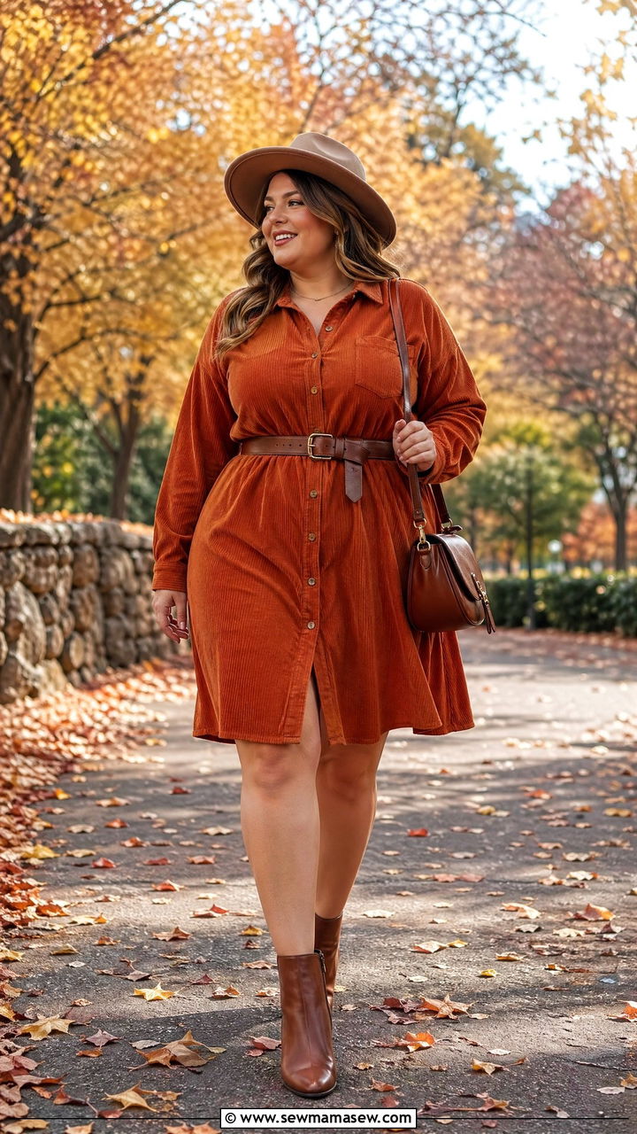 Corduroy Shirtdress with Leather Ankle Boots - 35 Travel outfits for curvy women