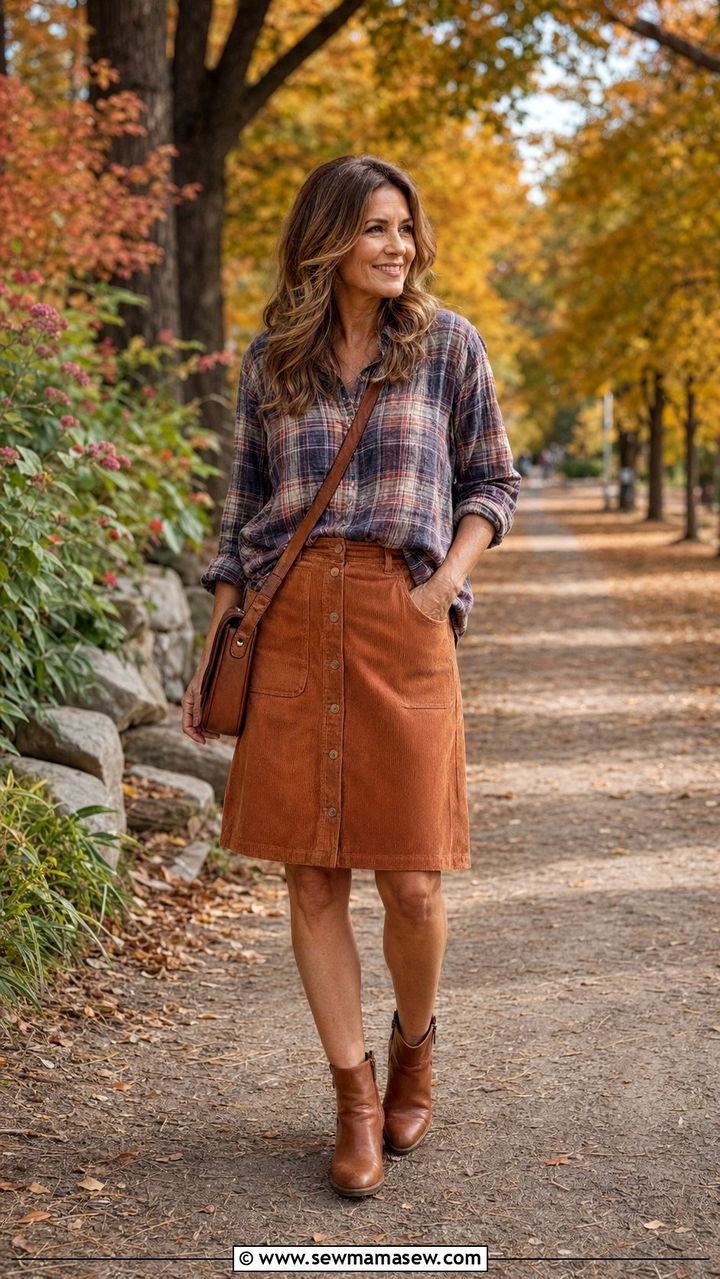 Corduroy Skirt With a Plaid Shirt - 30 Best skirts for women over 40