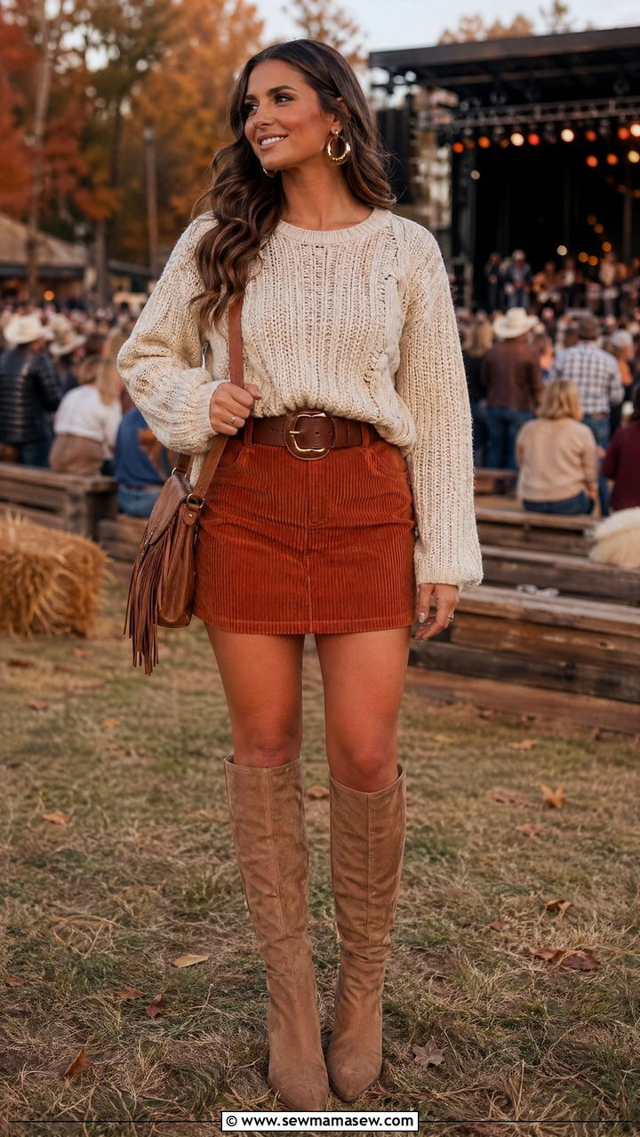 Corduroy Skirt and Chunky Knit Sweater Outfit - 35 Country music concert outfit ideas