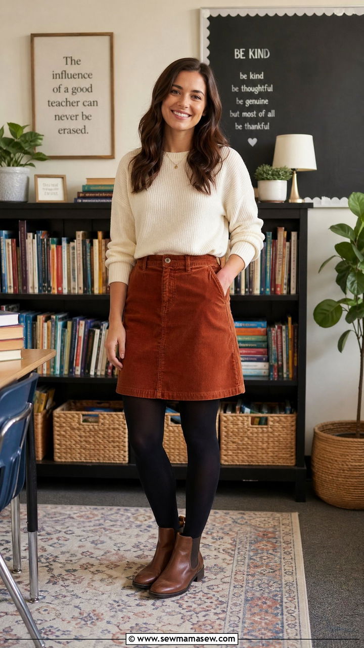 Corduroy Skirt with Tucked In Sweater and Tights - 35 teacher outfit ideas for women