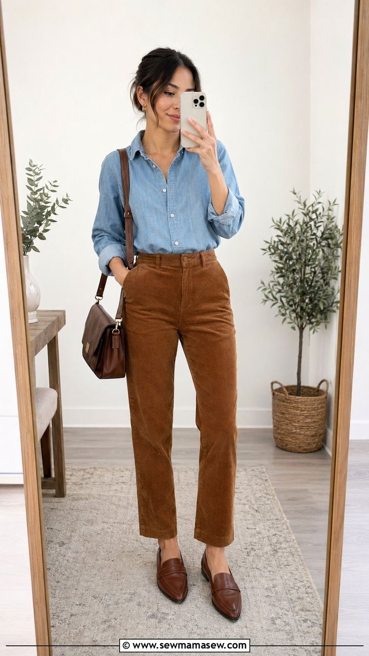 Corduroy Trousers With A Chambray Button Down - 30 Work outfits for petite women