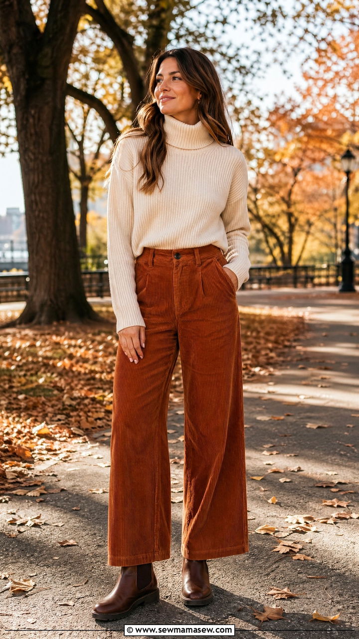 Corduroy Trousers With A Turtleneck And Chelsea Boots - 35 work outfits for moms