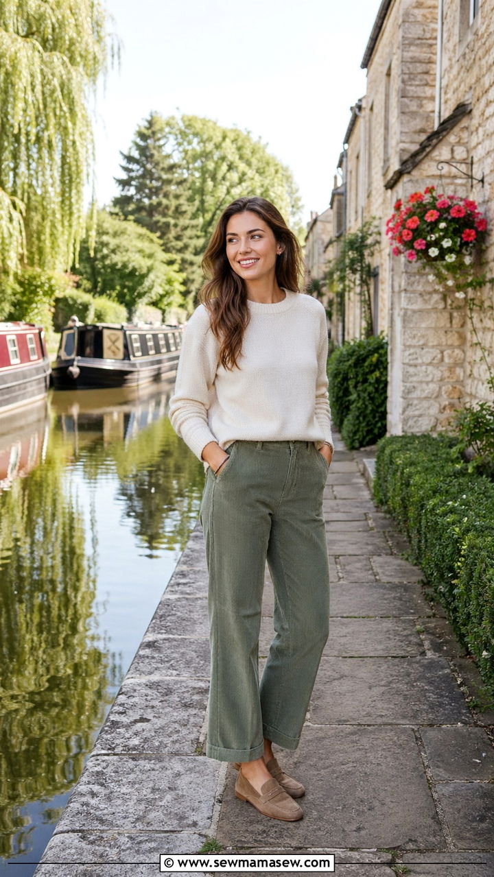 Corduroy Trousers With Cashmere Sweater And Suede Loafers - 30 Spring countryside outfits