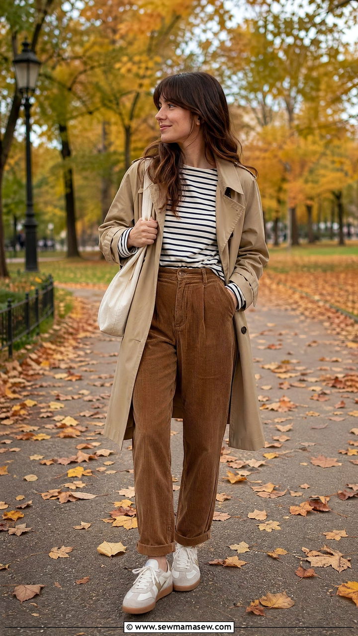Corduroy Trousers With Striped Long Sleeve Tee And Trench Coat - 35 classy summer to fall outfits