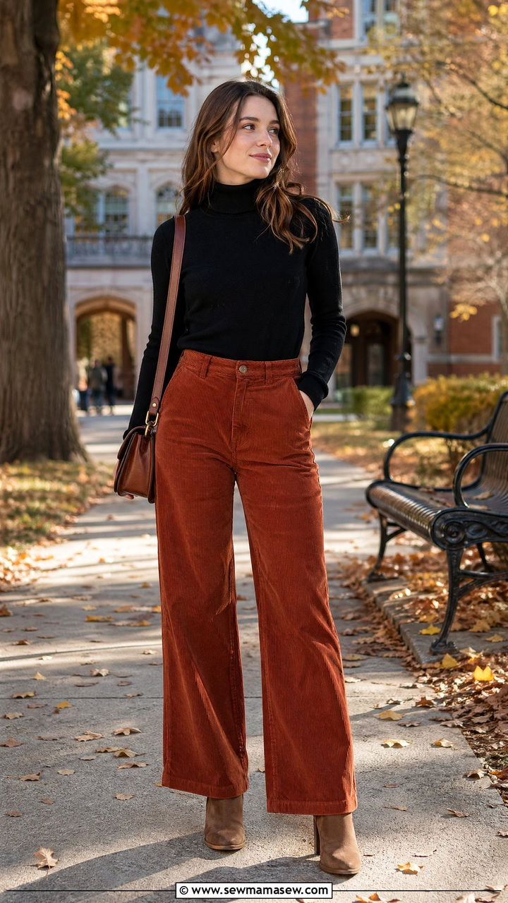 Corduroy Trousers with Turtleneck Sweater - 35 college outfits for women