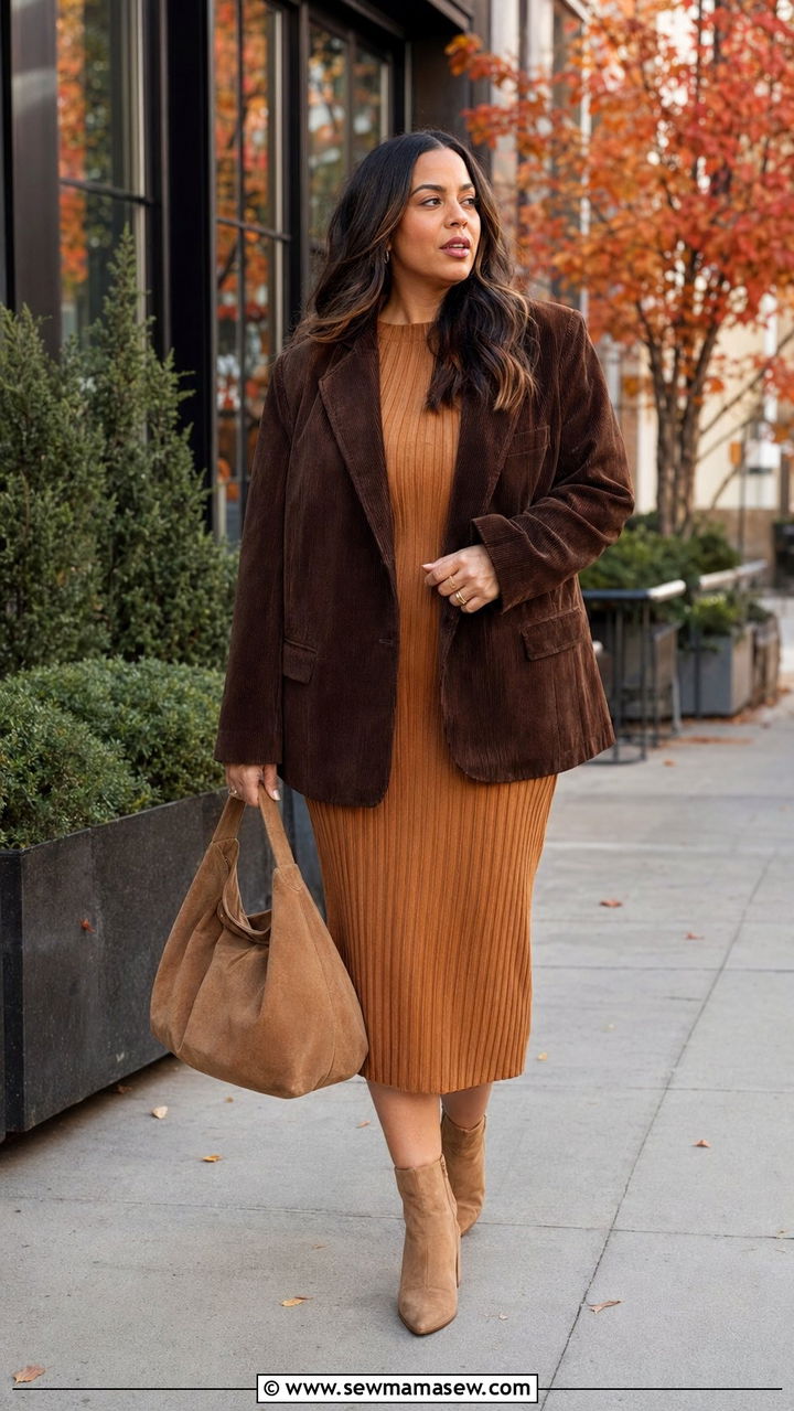 Corduroy blazer with ribbed knit midi dress for fall - 30 Best blazers for curvy women