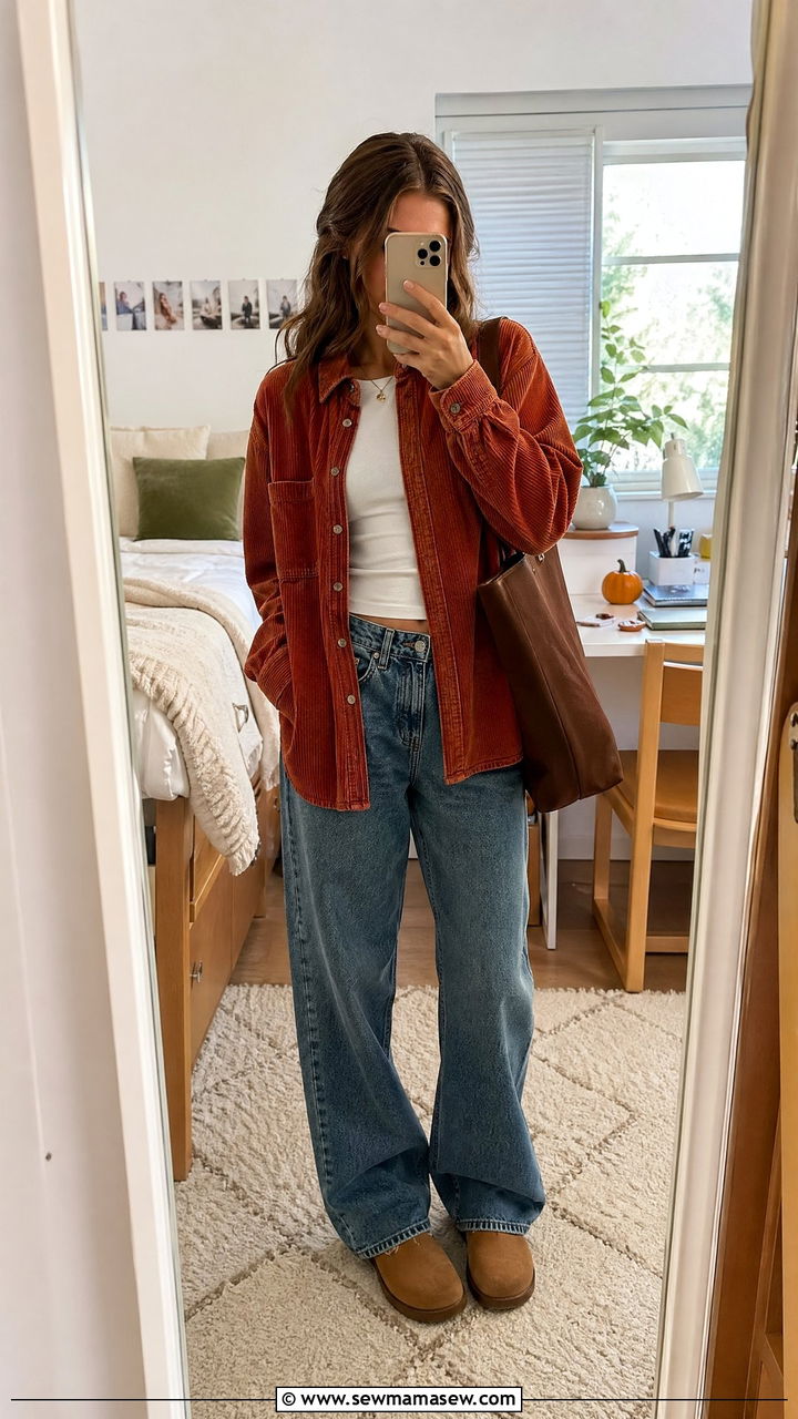 Corduroy button down and barrel leg jeans outfit - 35 College campus outfit ideas