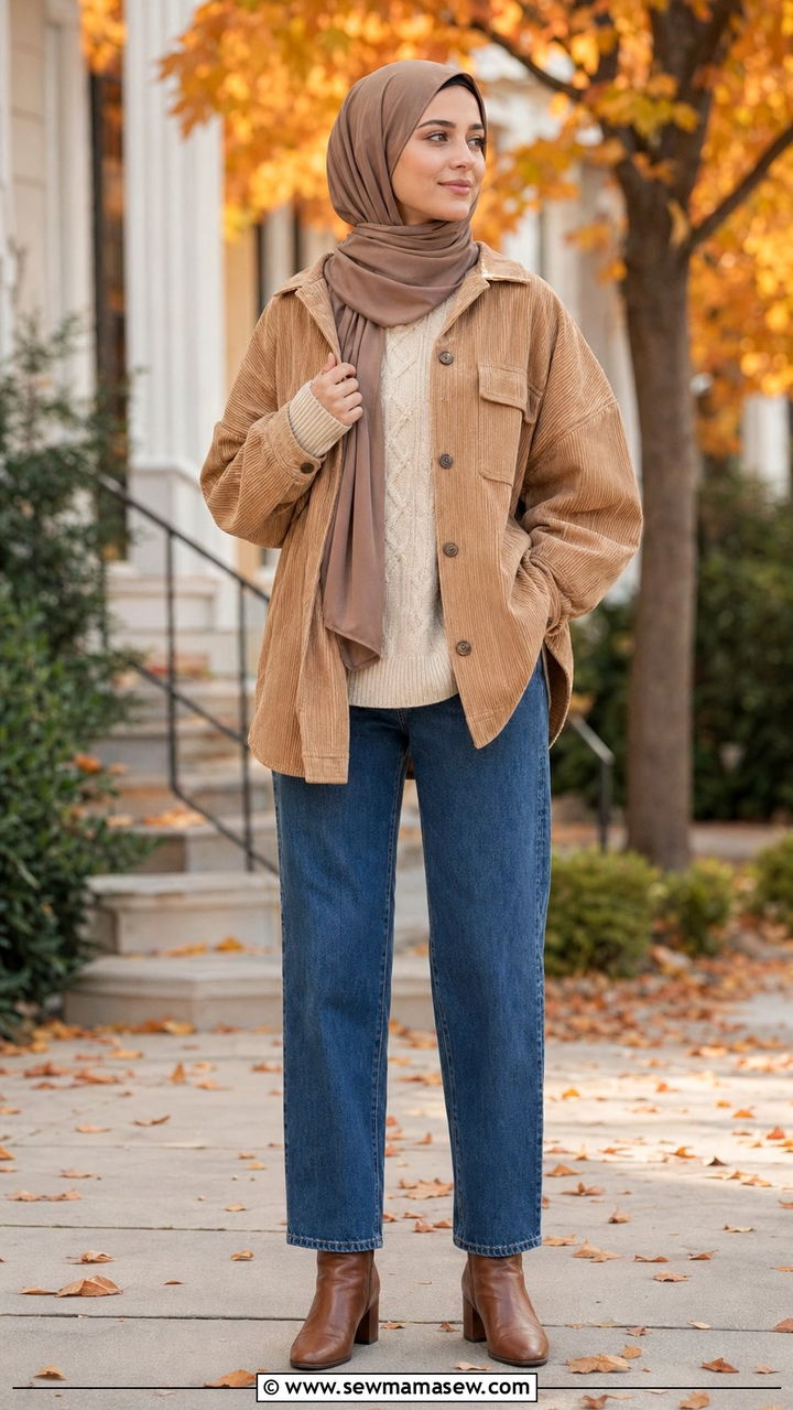 Corduroy jacket and knit sweater hijab outfit - 35 Modest outfit ideas with hijab
