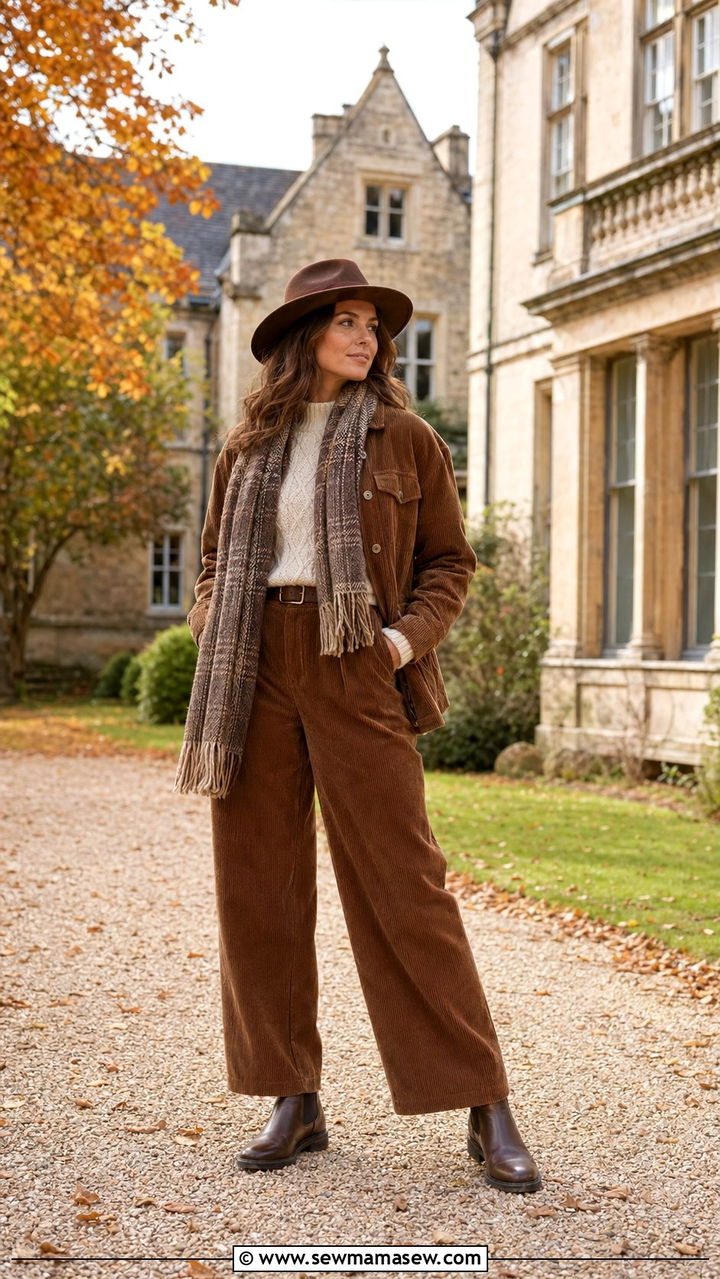 Corduroy jacket and wide leg trousers - 35 Museum visit outfit ideas