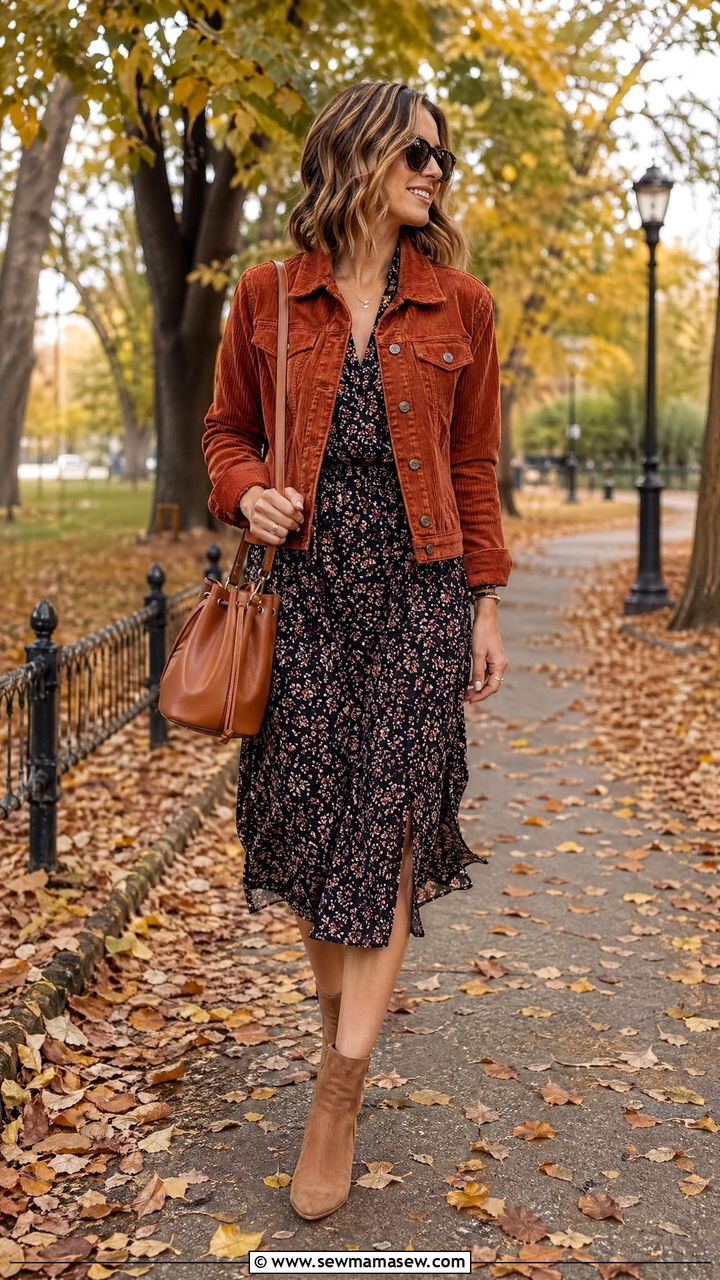 Corduroy jacket with floral dress and ankle boots - 35 Transitional wardrobe ideas