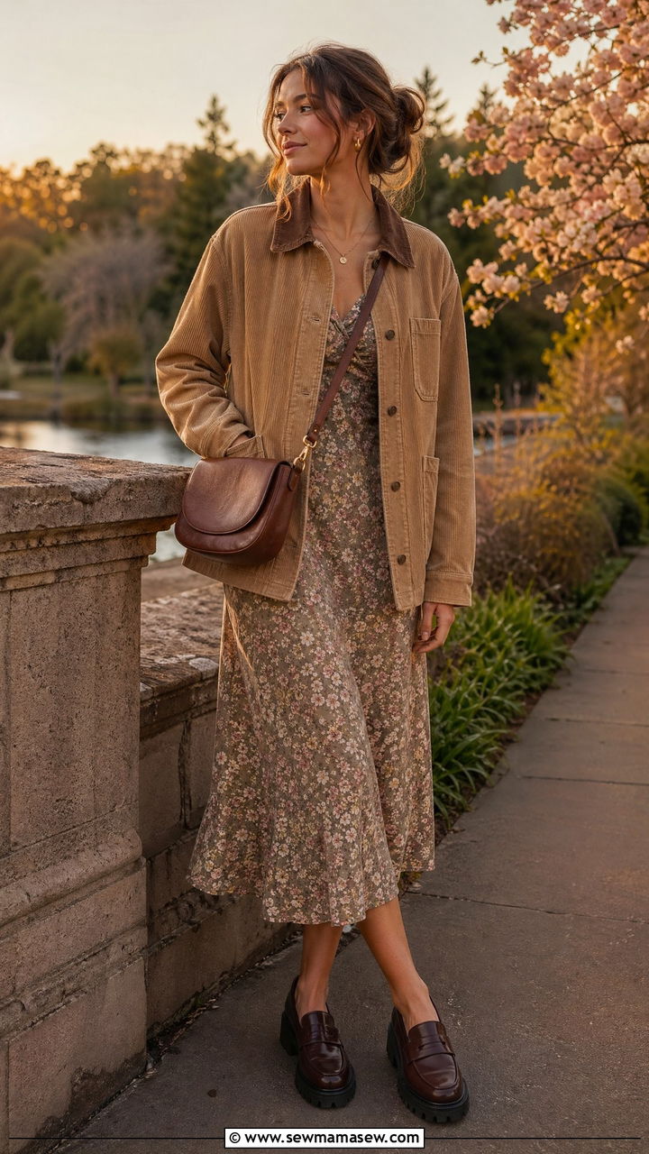 Corduroy jacket with floral slip dress - 35 spring simple outfit ideas