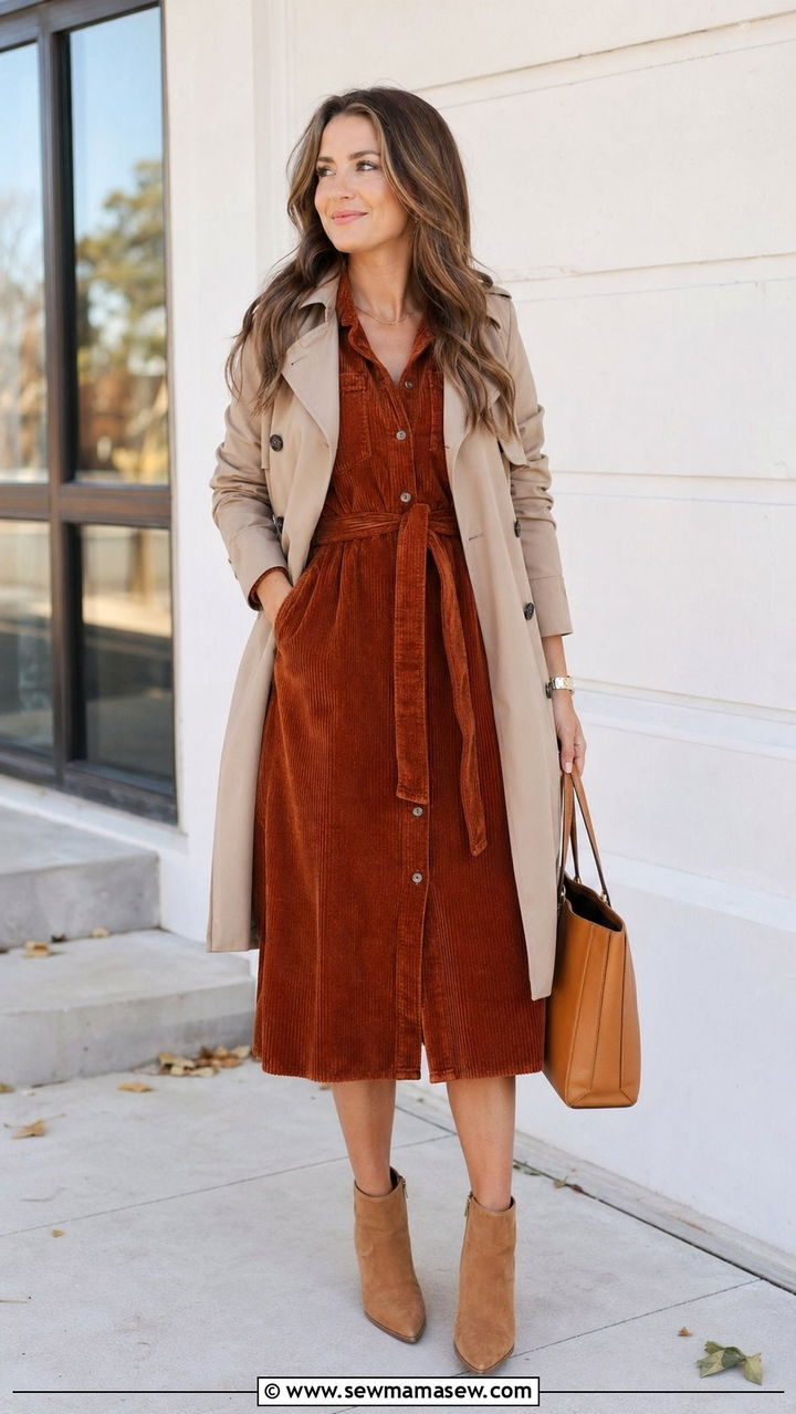 Corduroy midi dress with booties and a light coat - 30 windy day outfits inspo