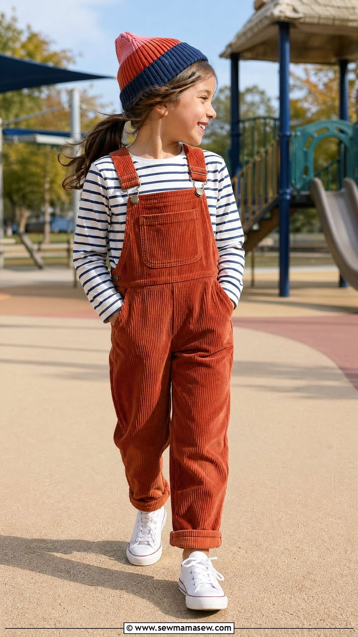 Corduroy overalls and striped tee outfit - 35 cute school outfits