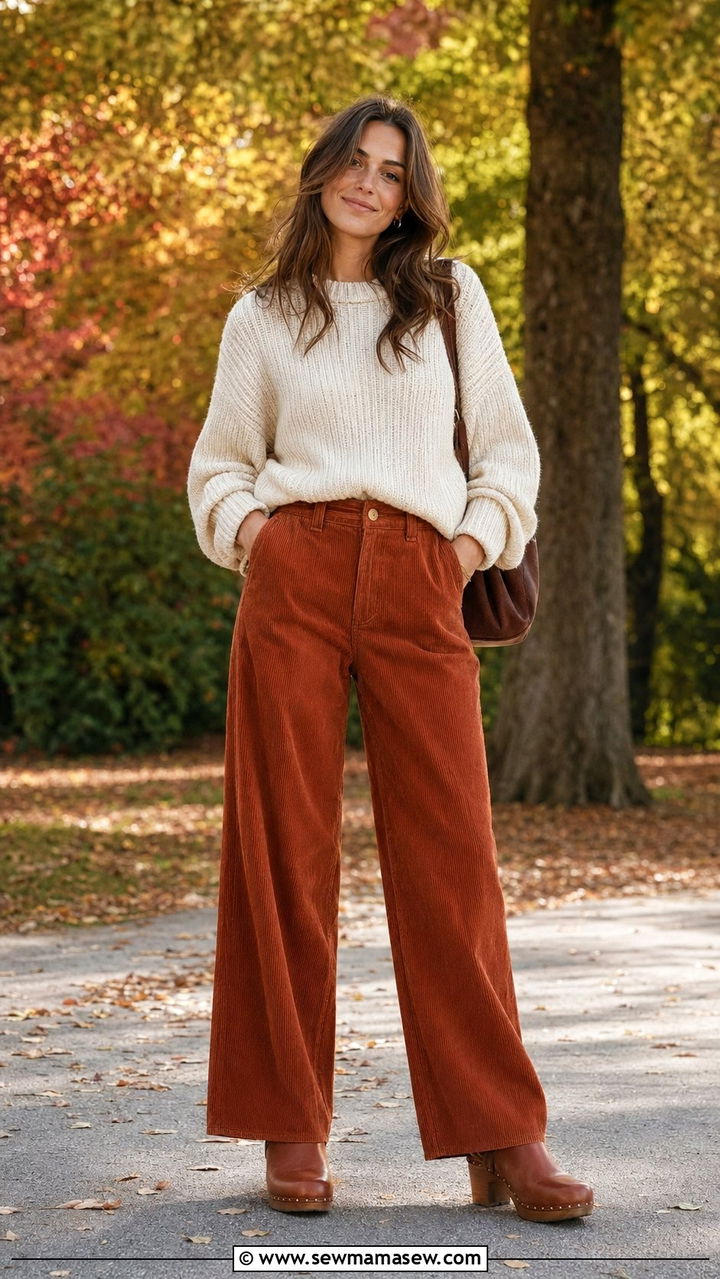 Corduroy pants and chunky knit sweater outfit - 35 Outfit ideas for new moms