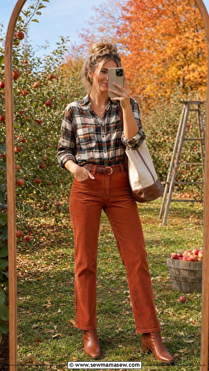 Corduroy pants and flannel shirt outfit - 35 Outfit ideas for moms