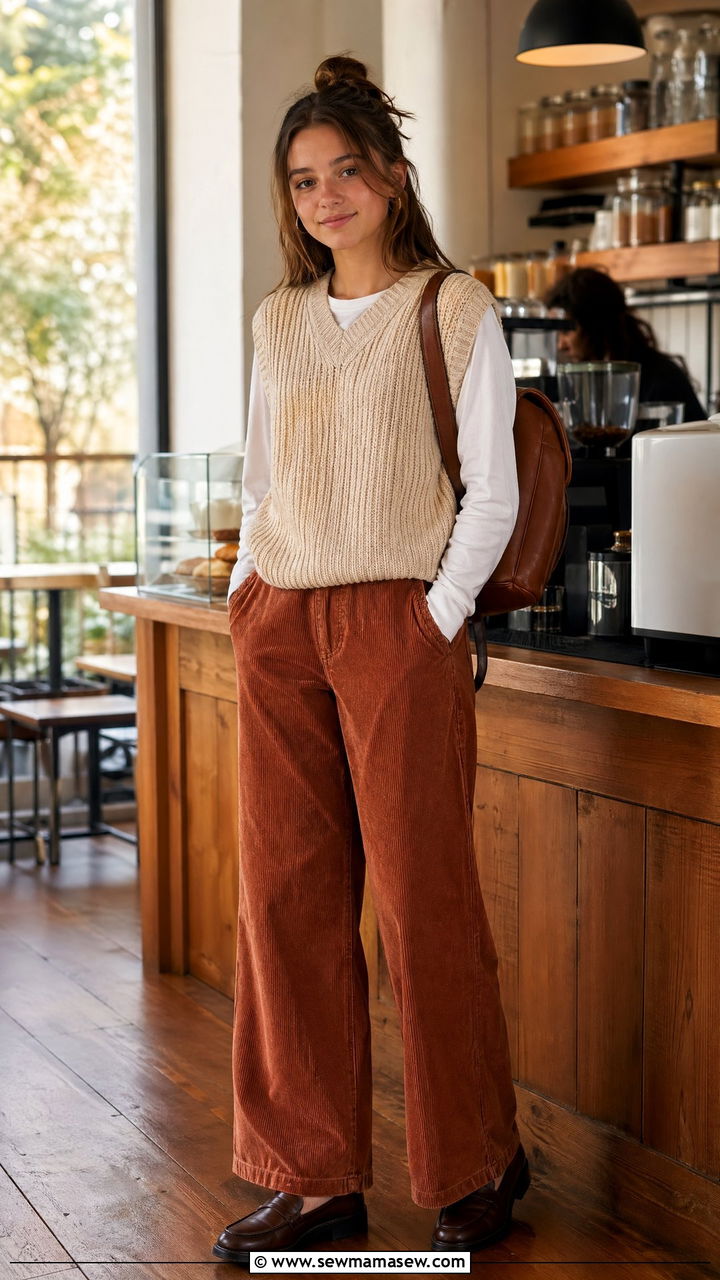 Corduroy pants with a knit sweater vest - 35 casual school outfits