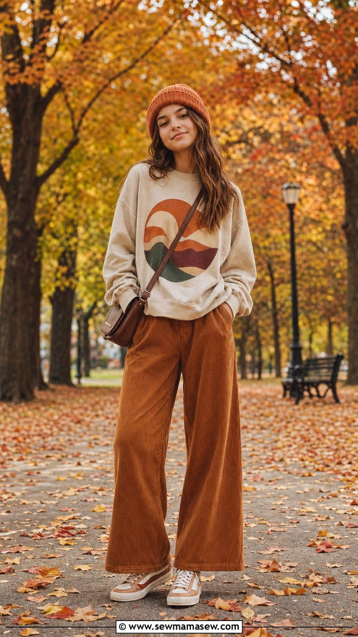 Corduroy pants with graphic crewneck - 35 Outfit ideas for teens