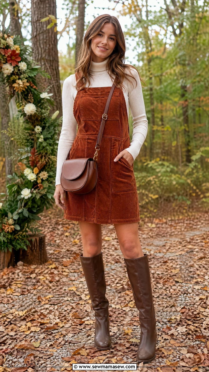 Corduroy pinafore dress with turtleneck and boots - 35 Casual wedding guest outfit ideas