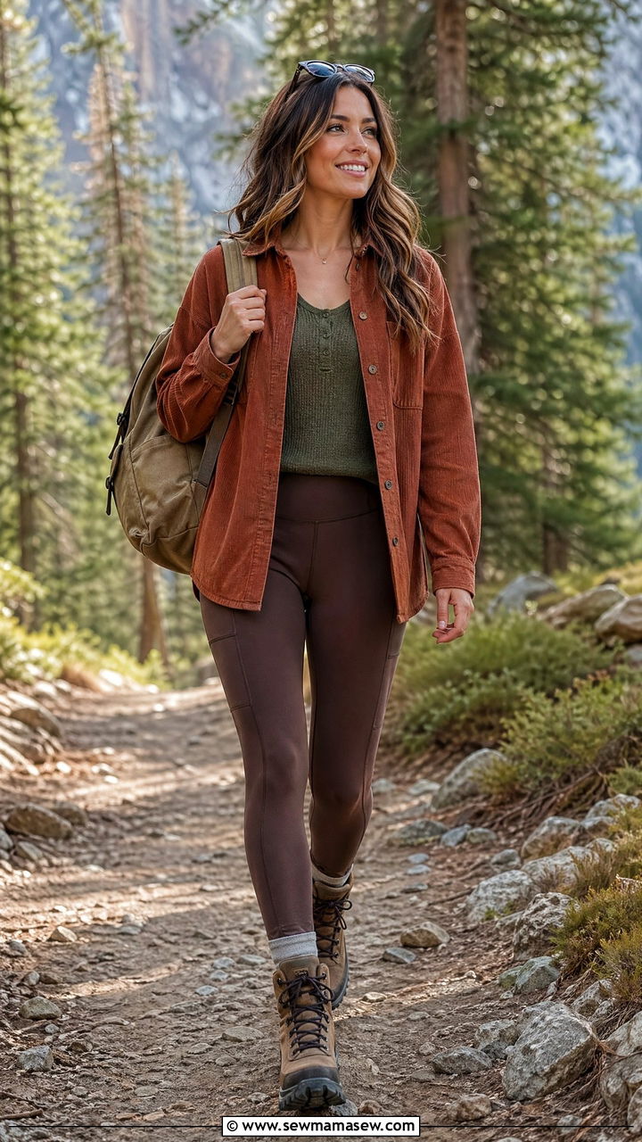 Corduroy shacket with thermal top and hikingstyle leggings - 35 Travel outfit ideas for women over 50