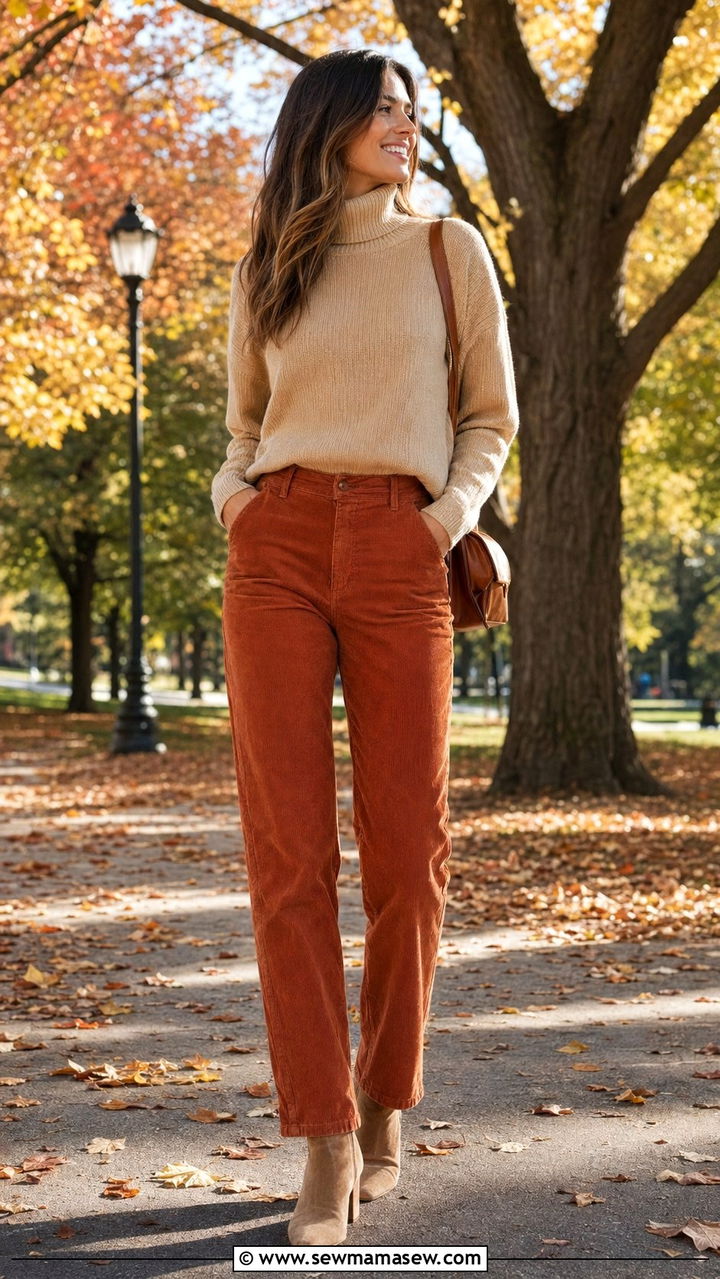 Corduroy straight leg pants with turtleneck and ankle boots - 30 Best pants for tall women